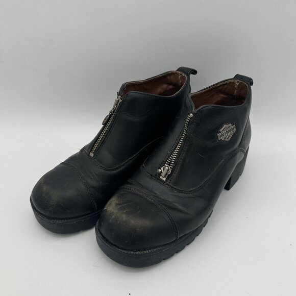 Harley-Davidson Womens Front Zip Leather Ankle Boots Black Motorcycle - Picture 1 of 8